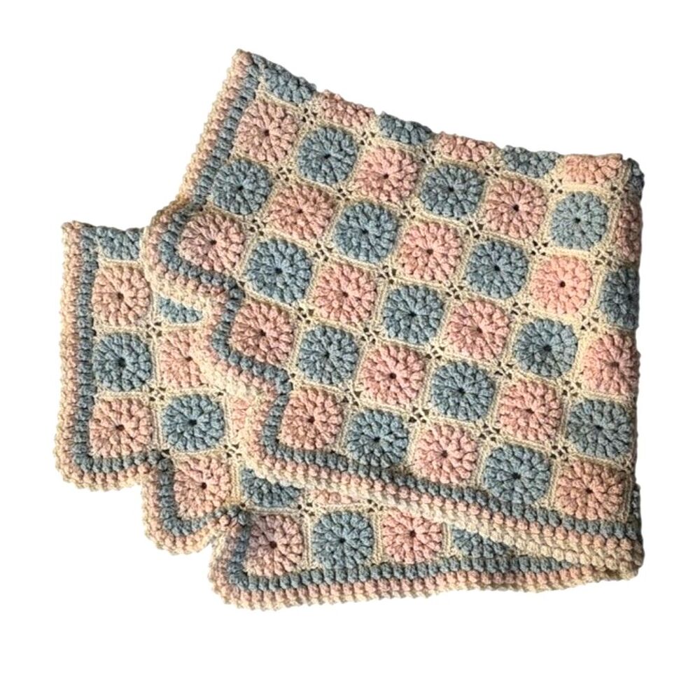 Vintage Handmade Crochet Puff Stitch Granny Square Throw Blush Pink Dusty Blue